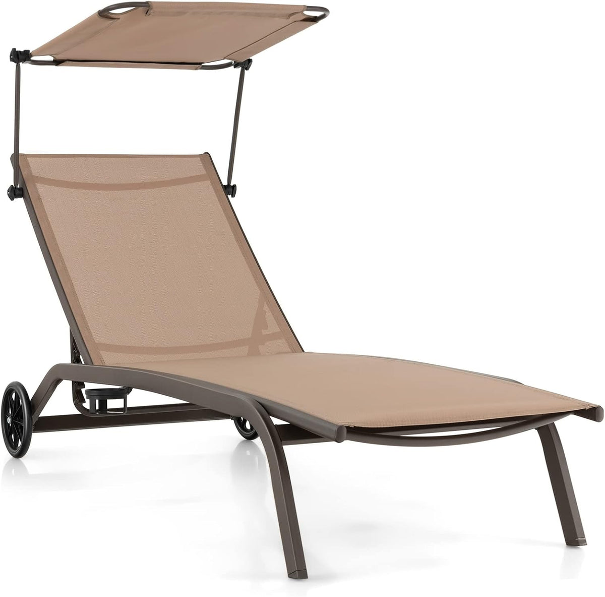 GOPLUS, Liegen, 165 x 61 x 96 cm, 150 kg, Braun, Gartenliege, Sonnenliege mit Dach, Liegestuhl Garten mit Rollen & Getränkehalter