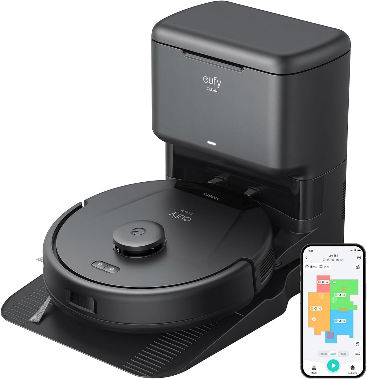 eufy, Saugroboter, Grau/Schwarz, L60 mit Absaugstation, Ultra Starke 5.000Pa Saugkraft, Anti-Haar-Verwicklung, Absaugstation 60 Tage ohne Leeren