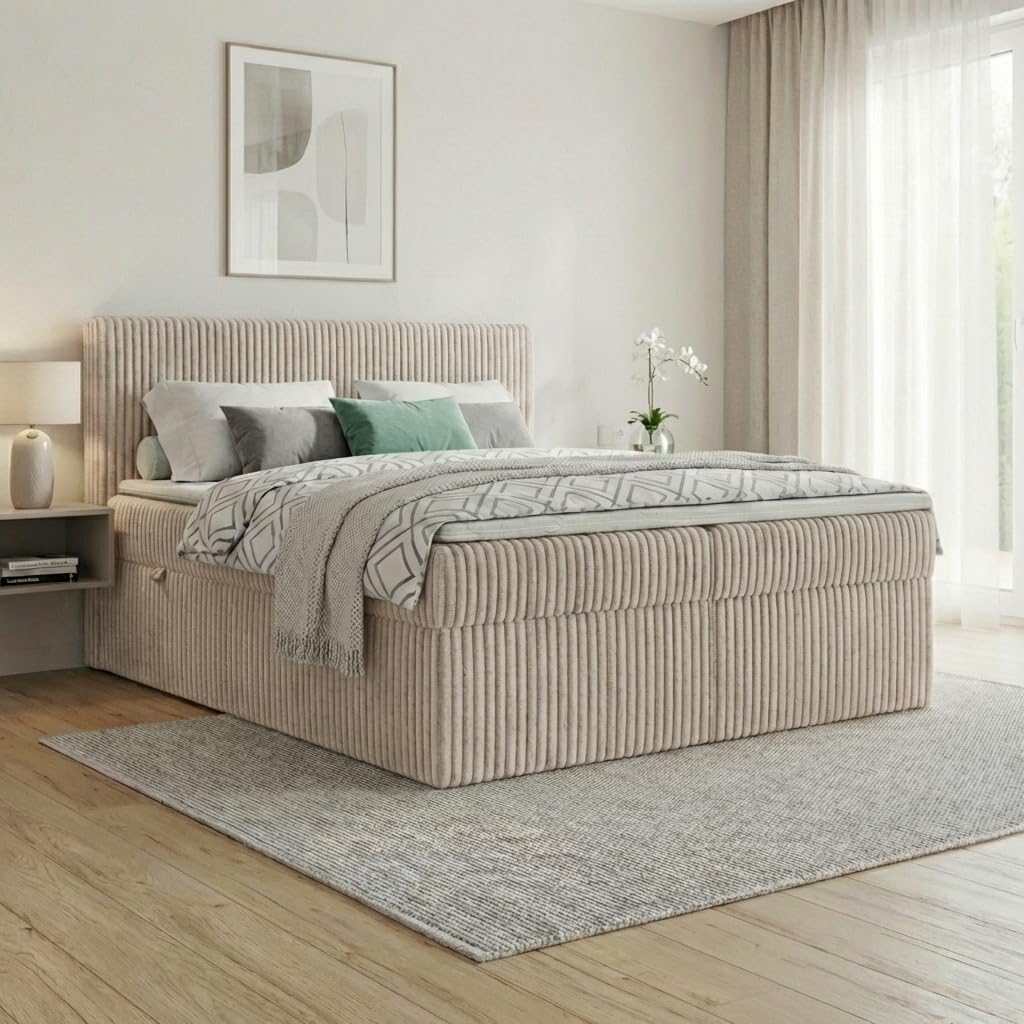 A&J MöbelLand, Boxspringbett, Beige, RALF 200x200 mit Bettkasten und Topper, Bonellmatratze H2, Stauraum in