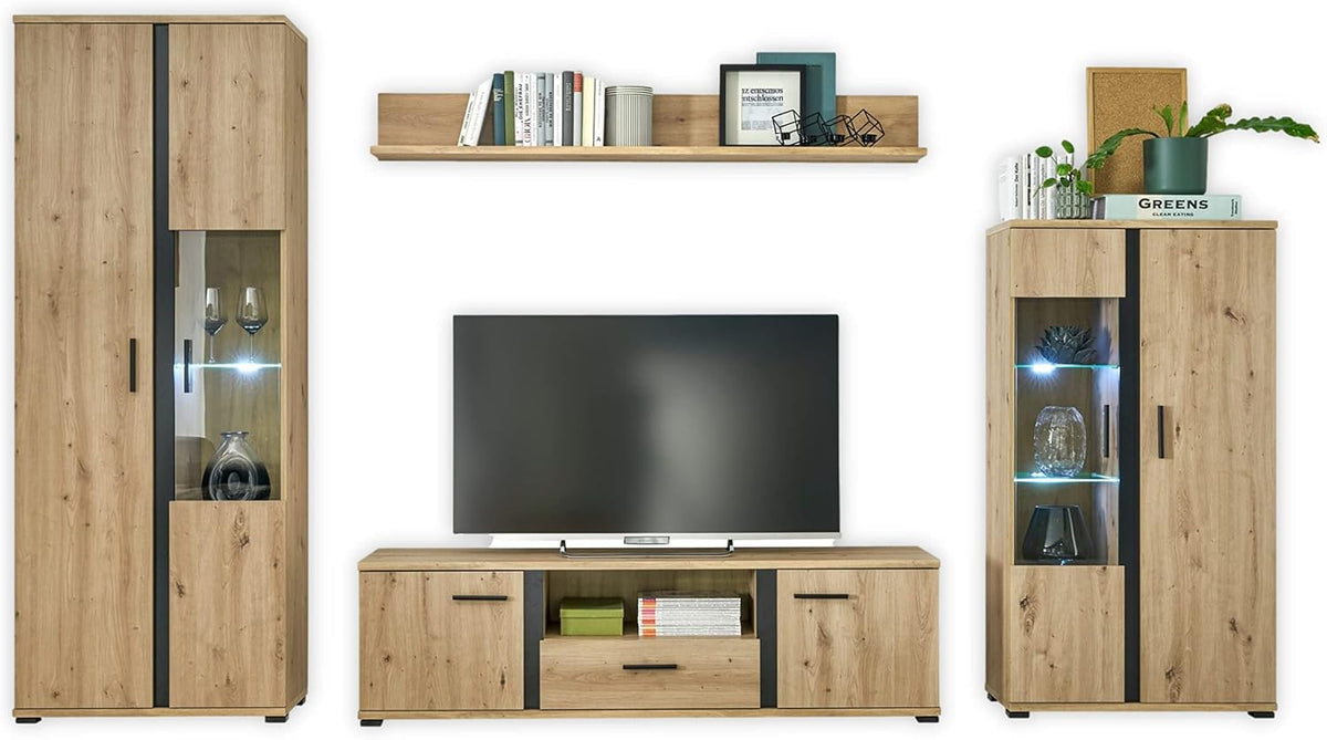 Wohnwand, Stella Trading, 340 x 196 x 40 cm, Eiche/Schwarz, KANADA Komplett-Set in Artisan Eiche Optik