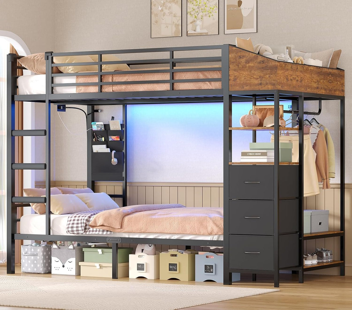 AOGLLATI, Bettrahmen, Grau, Hochbett 90x200 Jugendbett mit Treppe und Rausfallschutz