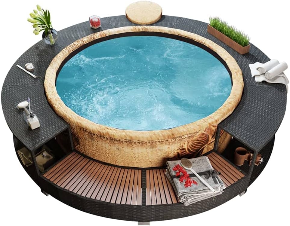 HUAKEHOM, Badewannen mit Sprudelfunktion, PE-Rattan, Schwarz, Umrandung mit Stauraum für Whirlpool Spa Schwimmbecken