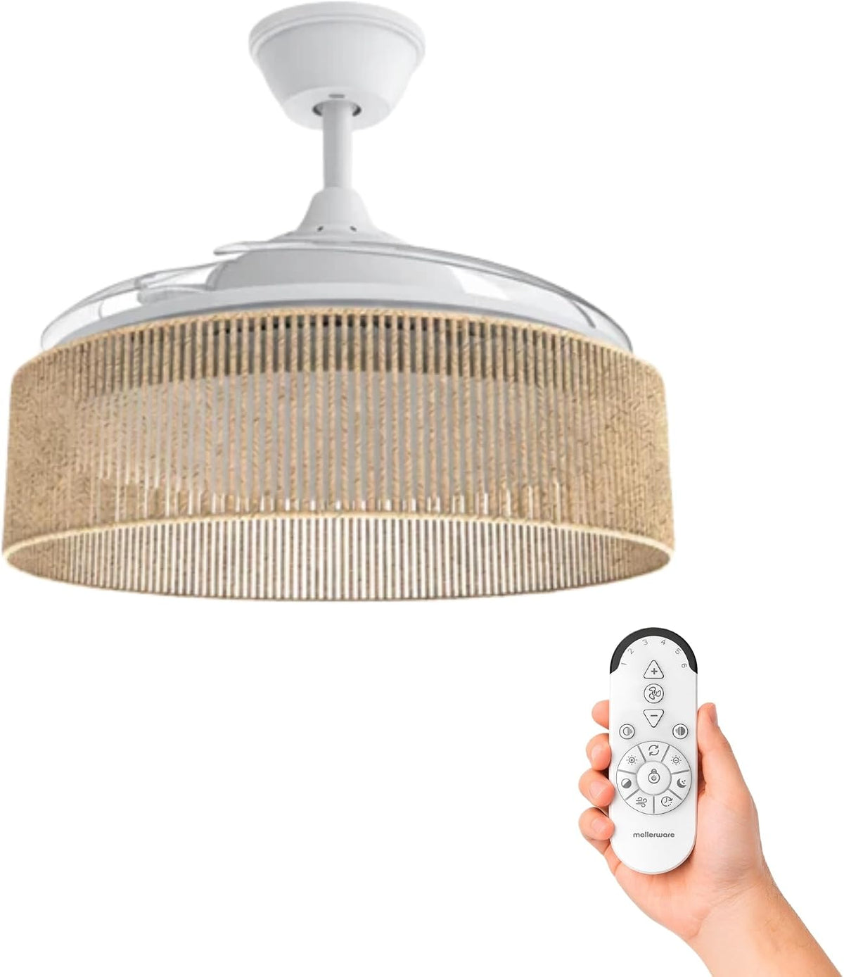 Mellerware, Deckenventilator, Beige/Grau, mit Licht und Lampe Brizy Bright Rattan Sand