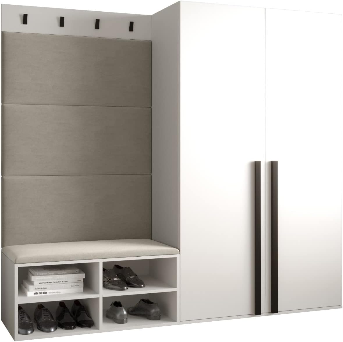 MEBLE KRYSPOL, Komplettprogramme, Creme/Weiss/Schwarz, Garderobe MIRO Set 5 mit gepolsterten Paneelen Modern, Weiss Matt + Schwarz Matt)