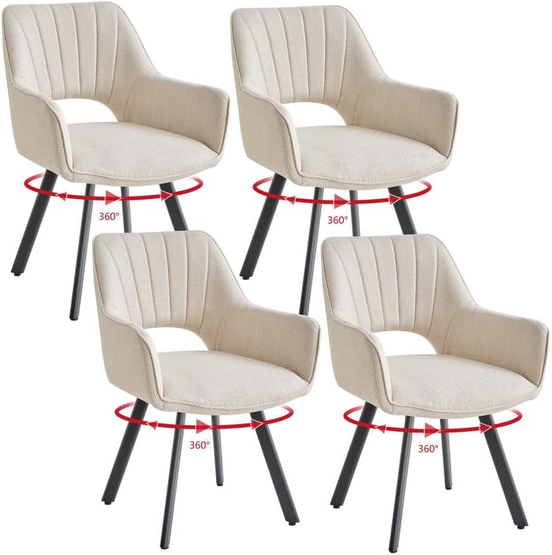 DEYARNA HOME, Esszimmerstuhl, Beige, 360° Drehstuhl mit Armlehnen 4er Set, Gepolsterter Küchenstuhl mit Leinenbezug & Metallbeinen