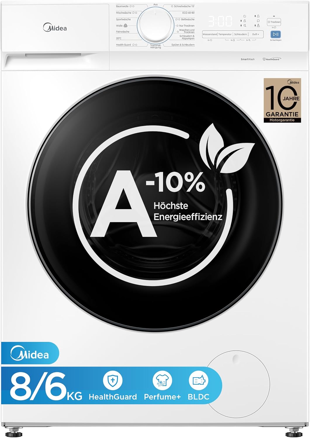 Midea, Waschtrockner, 6 kg, Weiss, 8 / EEK A-10% 15 Min Schnellwäsche MFV3ED80BA10