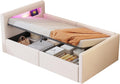 okwish, Bett, Beige, Kinder 90x200 Polster mit LED, USB & kasten