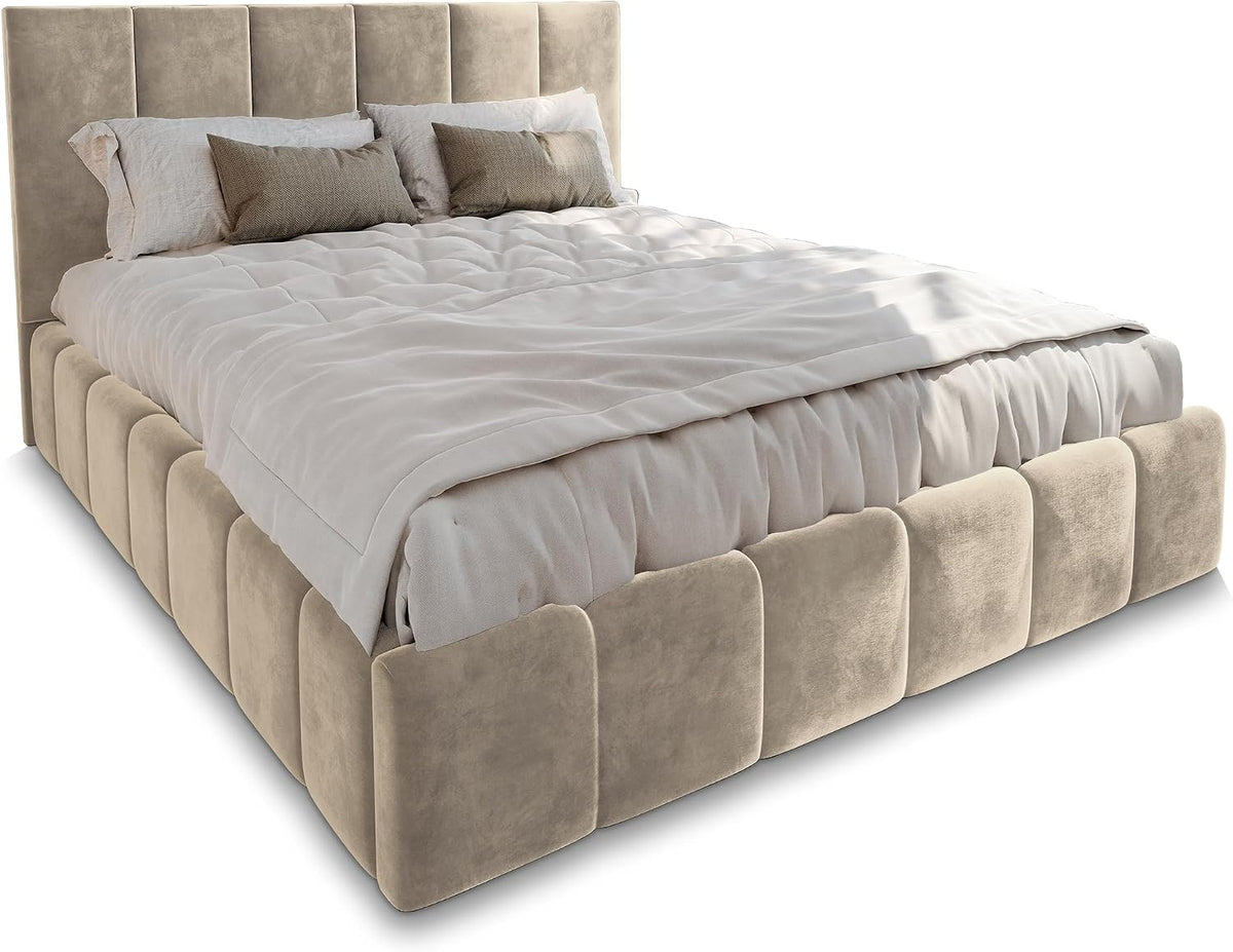 Masseno, Bett, 140x200 cm, Creme, Polster TARANTO, Doppel, kasten, Stauraum, Lattenrost Und Kopfteil -, Monolith 04