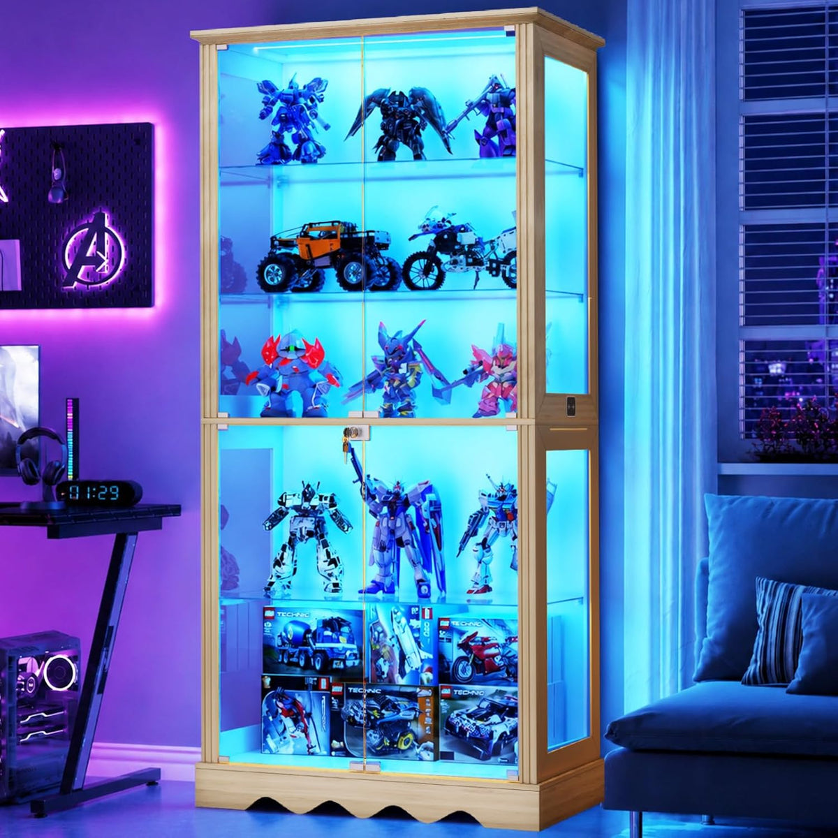 Lvifur, Vitrine, 180 cm, Blau, 5-Lagen Glas mit LED Beleuchtung und Glastüren, Holzfarbe