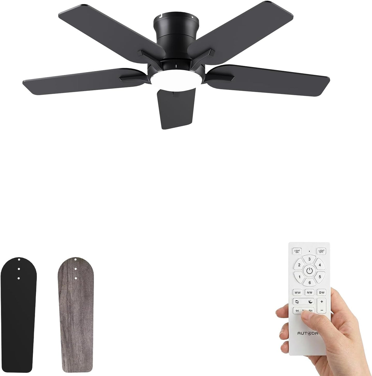 AUTODAY, Deckenventilator, 122 cm, Schwarz, en Flach mit 5 Flügel, Beleuchtung