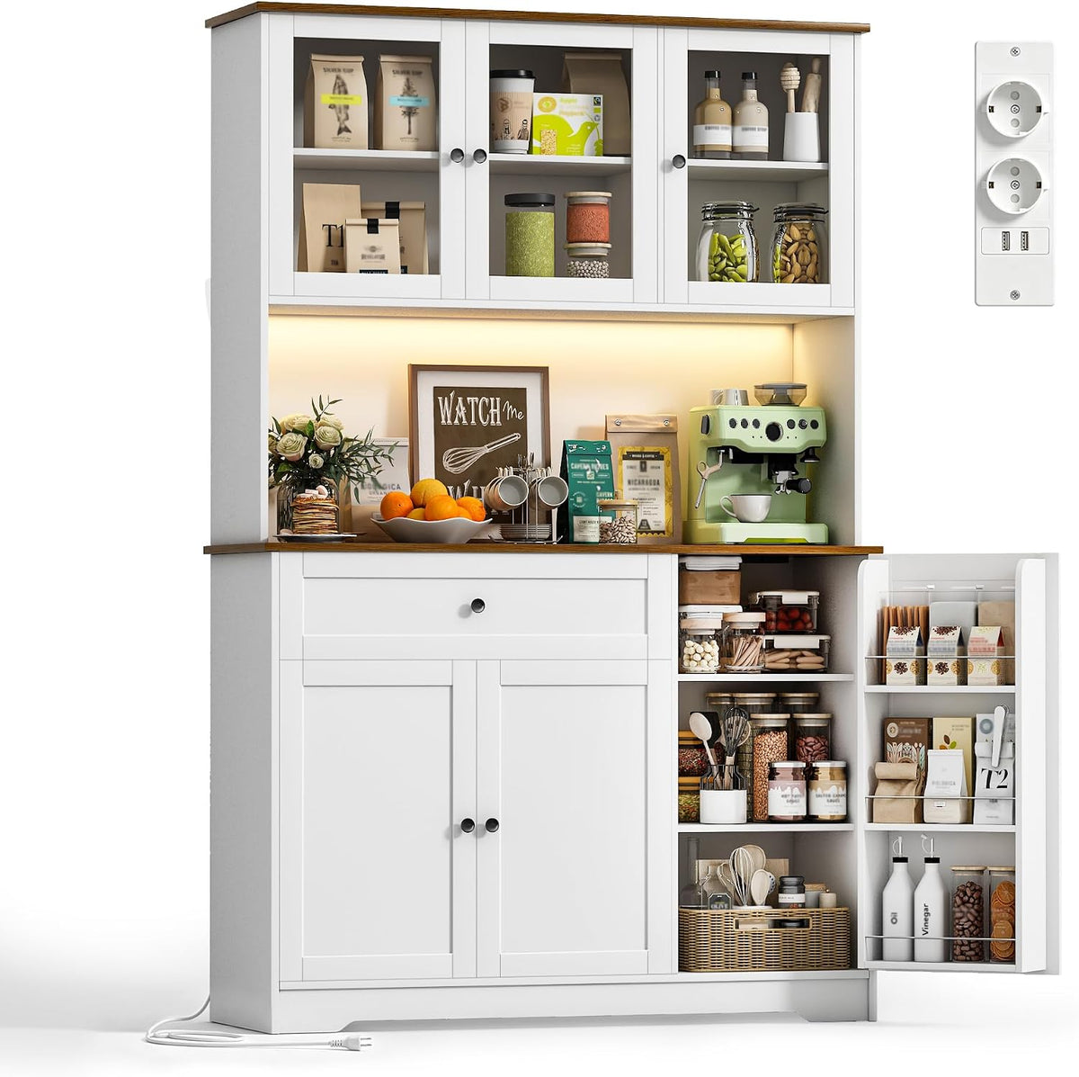 Wumagin, Buffetschrank, Weiss, Küchenschrank mit LED, Gewürzregal, Steckdose