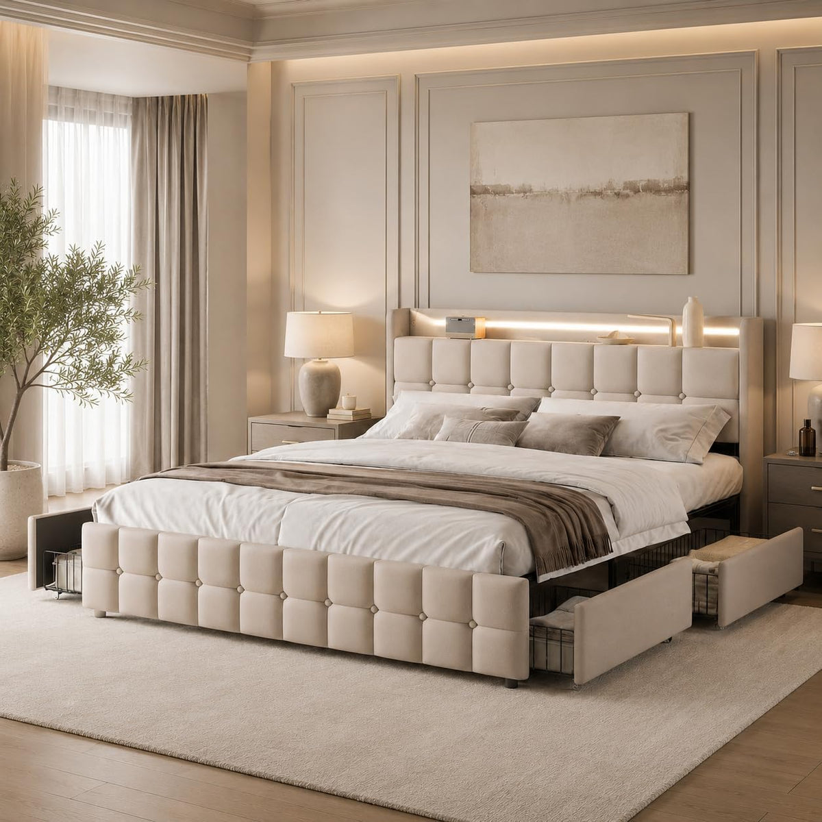 PerGar, Bett, 180x200 cm, Beige, Polster mit Stauraum, 4 Schubladen & LED USB Leinen
