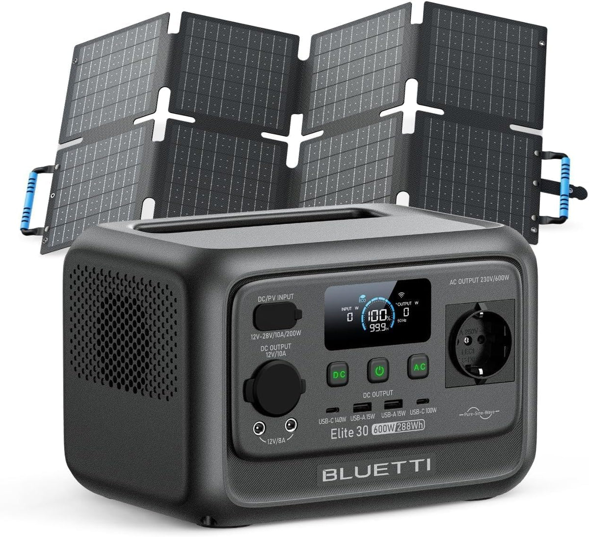BLUETTI, Powerstation, 1500 W, 288Wh, 600 W, 60 W, Grau, Solargenerator, Elite 30 V2 Tragbare mit Solarpanel (Separat versandt)