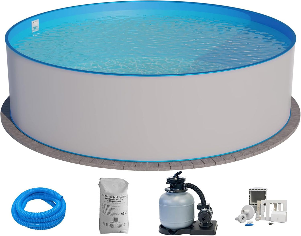 Planet Pool, Stahlrahmenpool, 300x120 cm, 0,6 mm, Weiss/Blau, Stahlwand Set rund Brasilia, Stahl weiss, Folie blau