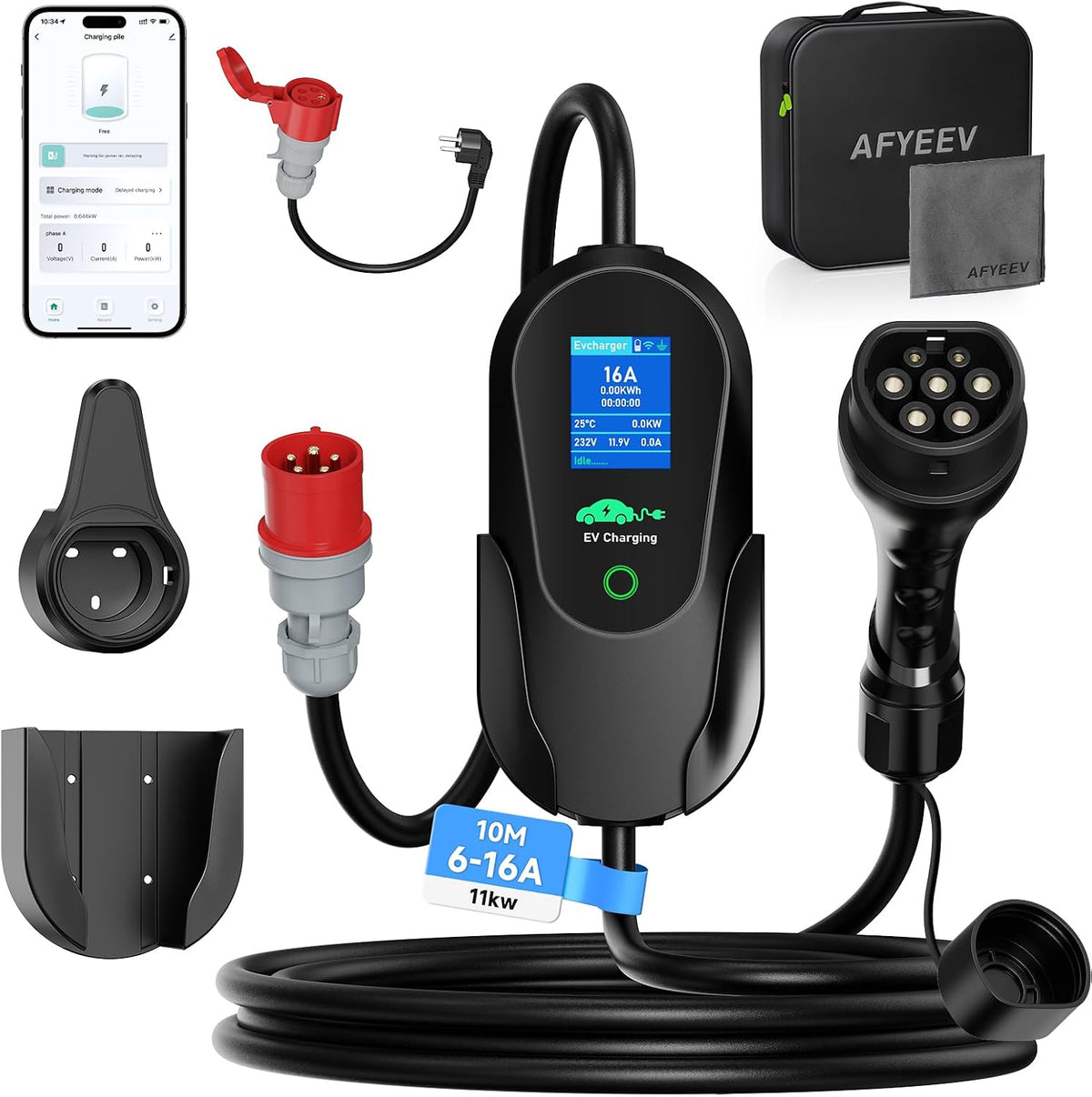 AFYEEV, Ladestationenzubehör, 11kW, 10M, Schwarz/Grau, Mobile Wallbox mit APP, Typ 2 Ladekabel CEE 16A 3-phasig