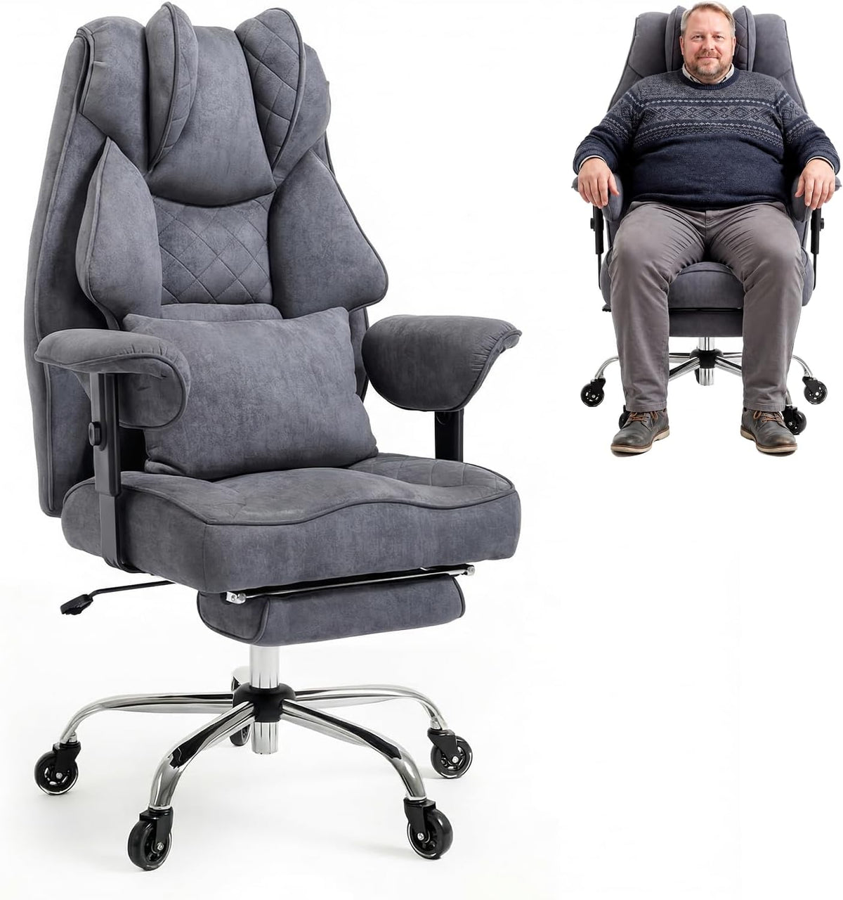 Asukale, Bürostühle, 200 kg, Grau, Ergonomischer Bürostuhl, XXL Chefsessel Fussstütze Homeoffice