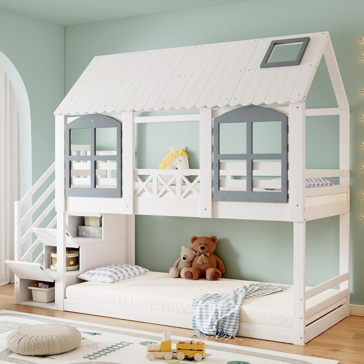 Merax, Bett, 90x200 cm, Weiss, Etagen, Kinder Hoch für 2 Kinder, Baumhaus mit Rausfallschutz & Lattenrost, Haus mit Dach & Fenster