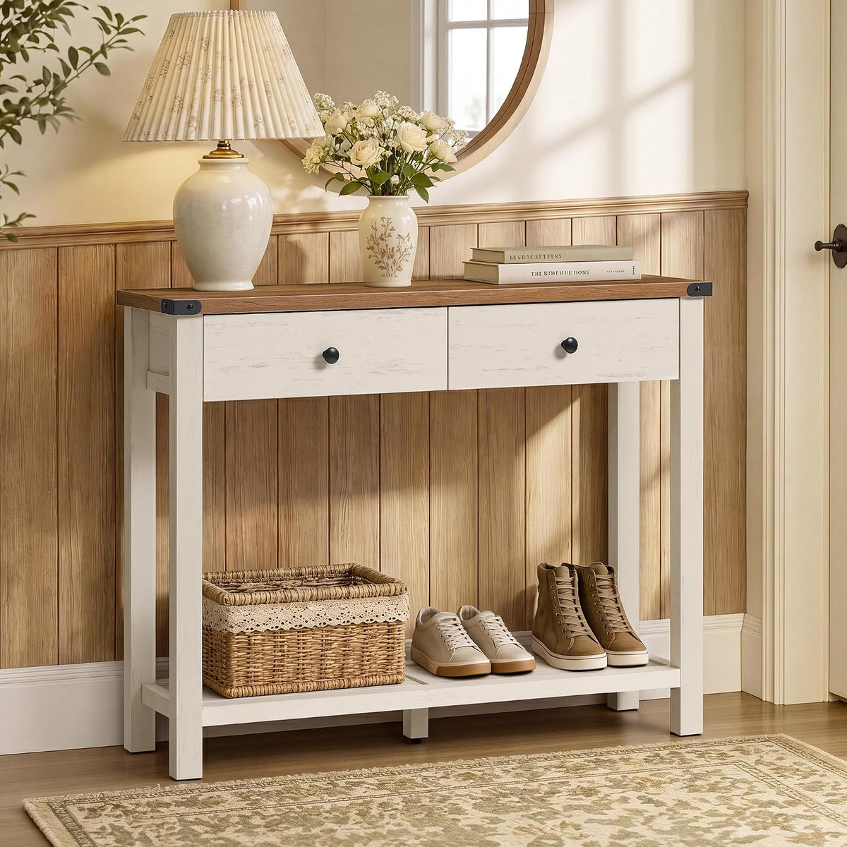 VASAGLE, Beistelltisch, 24 x 100 x 76 cm, Weiss/Braun, Konsolentisch Schmal, Flurtisch aus Holz, mit Schubladen