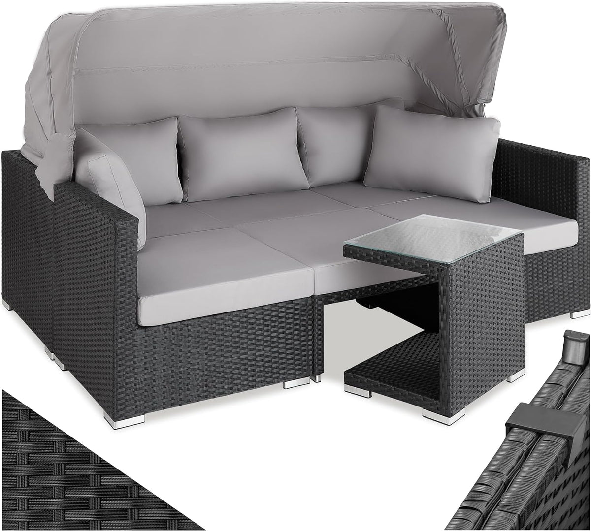 Sofa, tectake, Schwarz, ® Rattan Sonneninsel Sitzgruppe, Alu Lounge Möbel Set inkl. mit Sonnendach, Hocker, Sesseln & Tisch