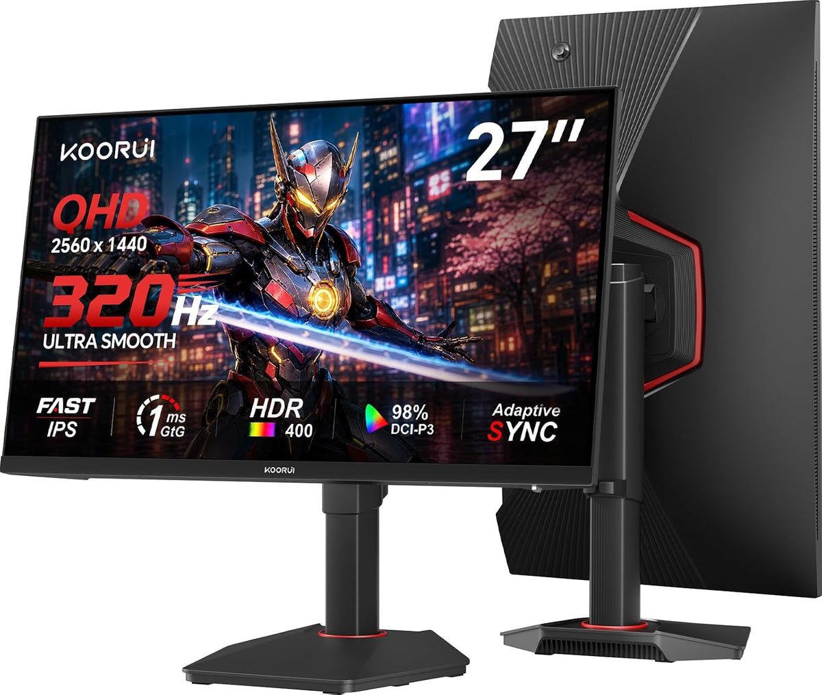 KOORUI, Monitor, 27 Zoll, Schwarz/Grau, Gaming IPS QHD 320Hz Höhenverstellbar G2721E