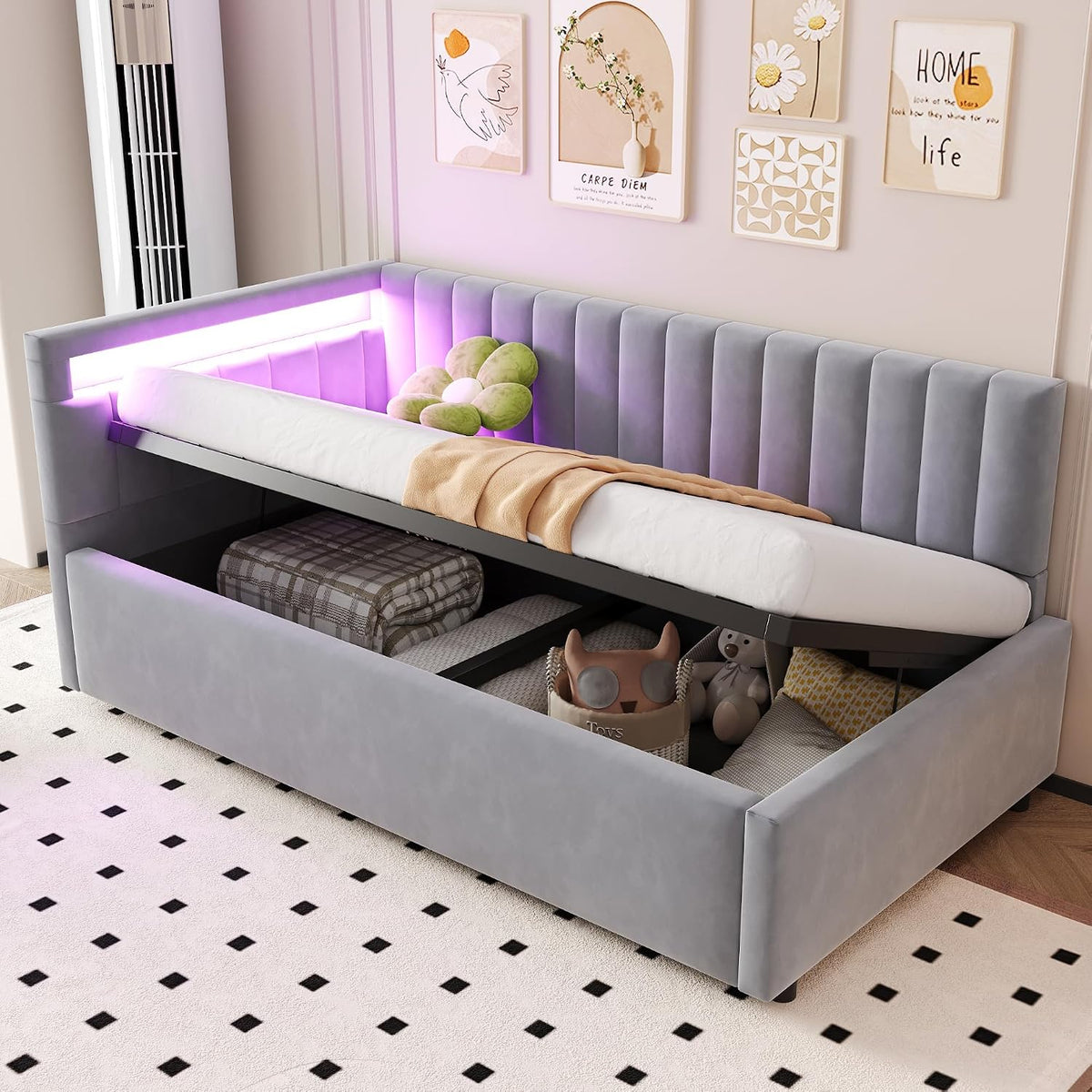 ANIROY, Matratze, 90 x 200 cm, Hellgrau, Kinderbett Polsterbett, Schlafsofa Einzelbett mit LED und Hydraulischem Stauraum