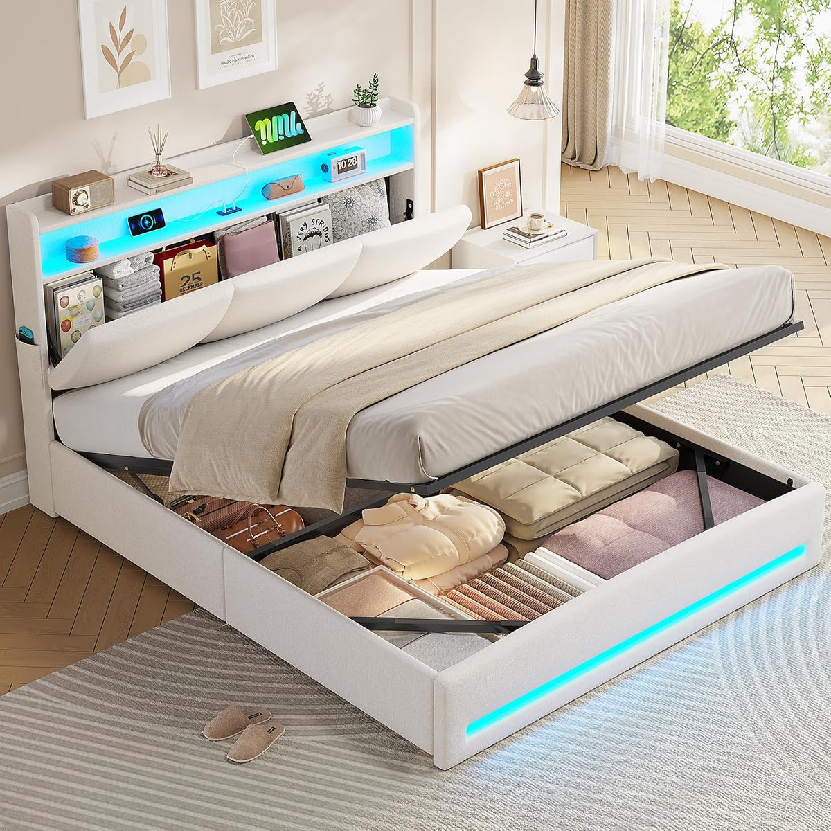 AOGLLATI, Matratze, Beige, Polsterbett 140×200 mit Steckdosen und LED-Beleuchtung, Doppelbett mit Stauraum Kopfteil