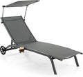 GOPLUS, Liegen, 165 x 61 x 96 cm, 150 kg, Grau, Gartenliege, Sonnenliege mit Dach, Liegestuhl Garten mit Rollen & Getränkehalter