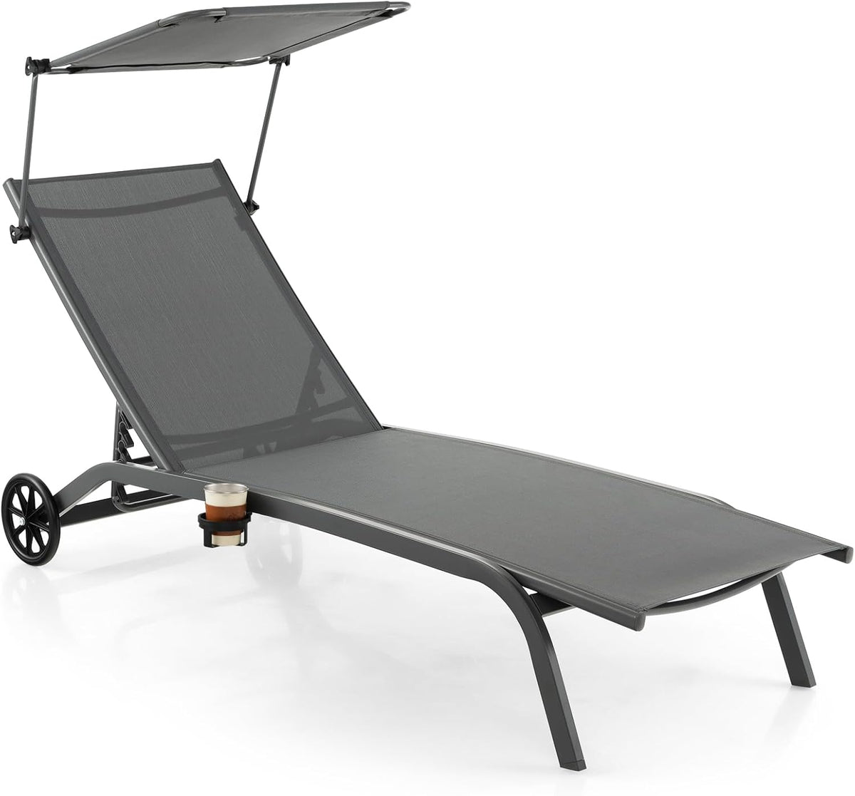 GOPLUS, Liegen, 165 x 61 x 96 cm, 150 kg, Grau, Gartenliege, Sonnenliege mit Dach, Liegestuhl Garten mit Rollen & Getränkehalter