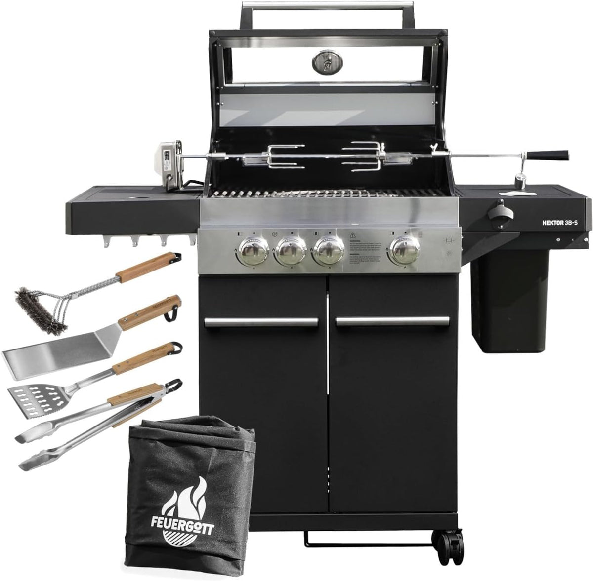 FEUERGOTT, Gasgrill, Schwarz/Grau, Hektor 3B-S inkl. Drehspiess, Abdeckhaube - All Inclusive mit 4 Grill-Utensilien - 3