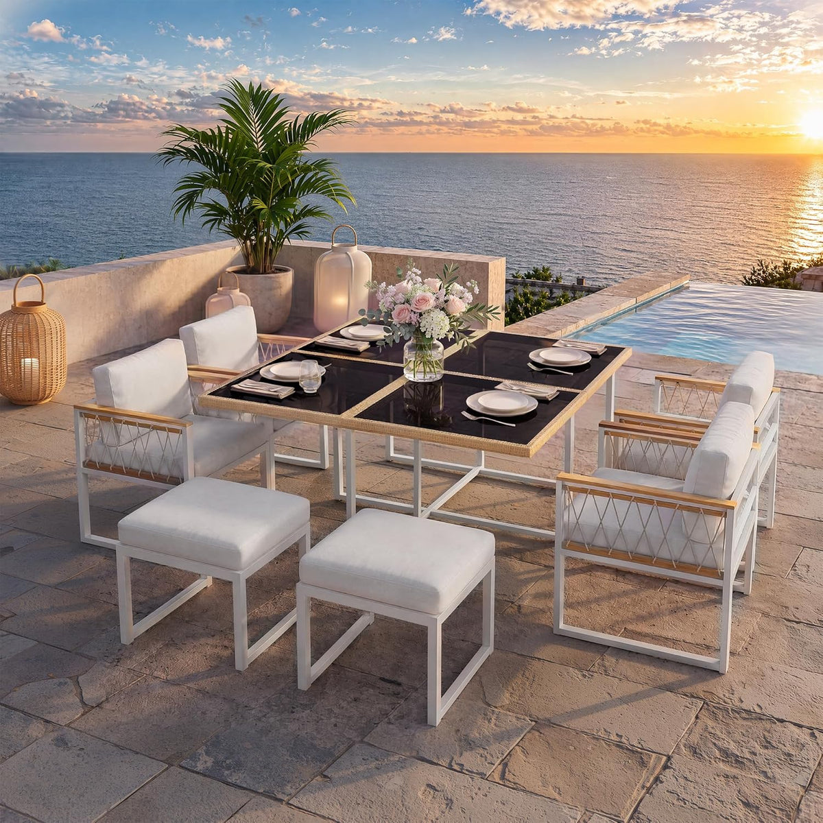 Merax, Essgruppe, 117x117 cm, Weiss, 7-teiliges Gartenmöbel Set 6 Personen, Outdoor mit Tisch aus gehärtetem Glas