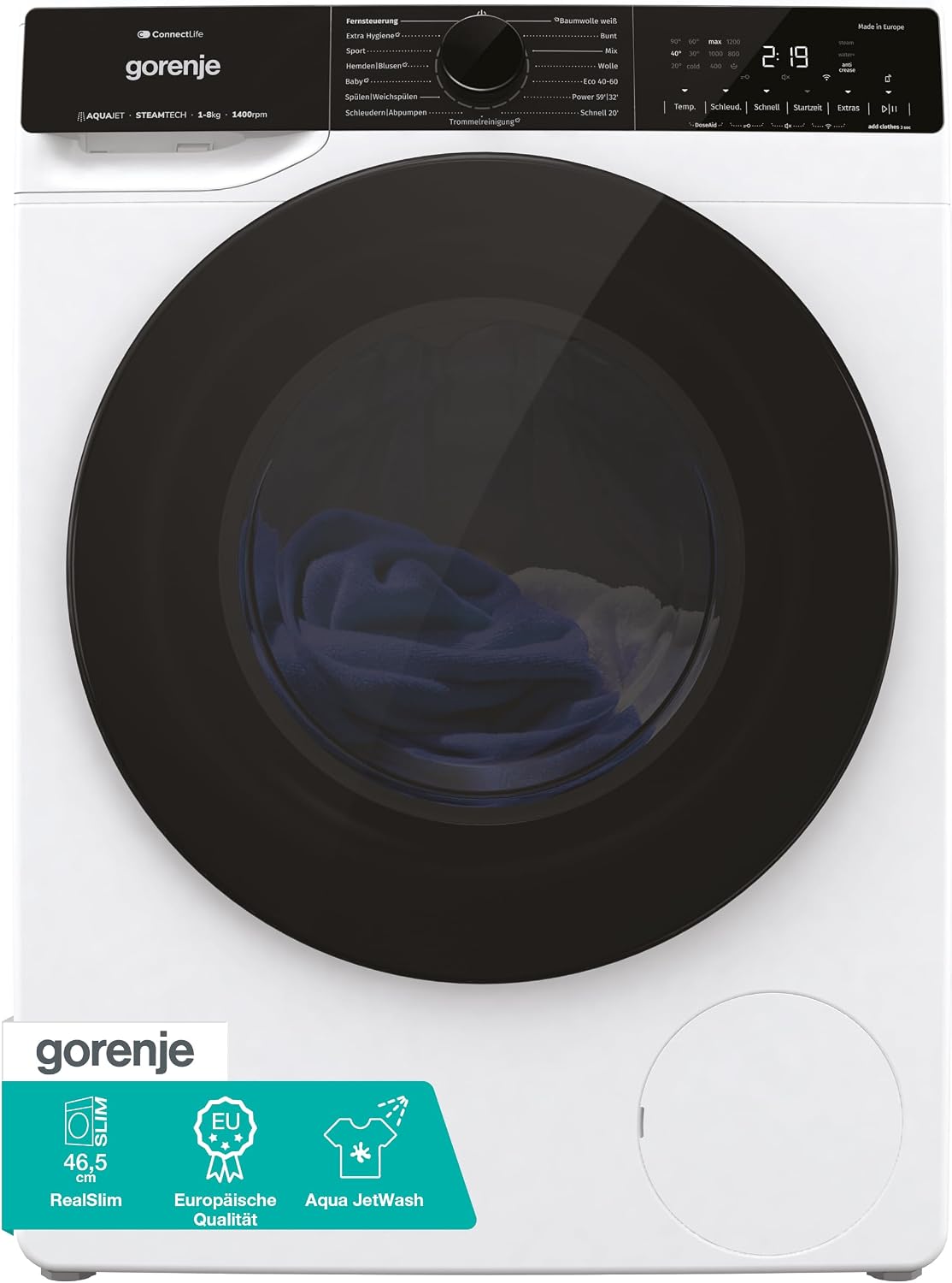 Gorenje, Waschmaschine, 8 kg, Schwarz/Weiss, WPNA 84 SATSWIFI mit Dampffunktion / / 1400 U / Slim Line /