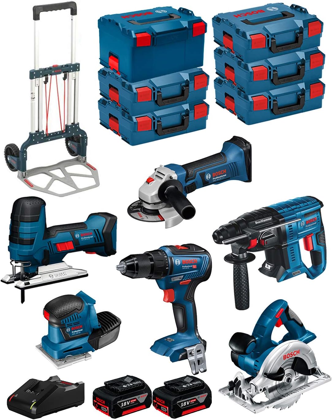 JG todotaladros, Werkzeugsets, 4,0 Ah, 125 V, 18 V, Blau/Grau, BOSCH Kit BK601 (GST -LI S + GKS -LI + GSS -10 + GSR -55 +