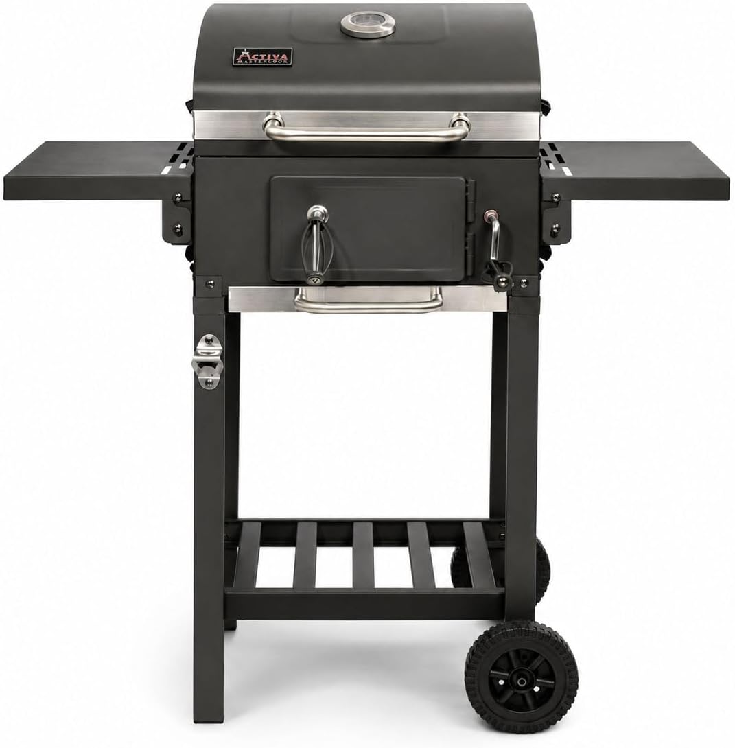 ACTIVA, Holzkohlegrill, Grau/Weiss, Angular Smart mit Gusseisen-Grillrost I Grillwagen mit, höhenverstellbarer Kohlewanne & Thermometer I Outdoor BBQ