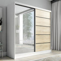 Kleiderschrank, A&J MöbelLand, 200 cm, Weiss, Schwebetürenschrank Nero 2-türig mit Schubladen und Spiegel, Garderobe ( / Sonoma)