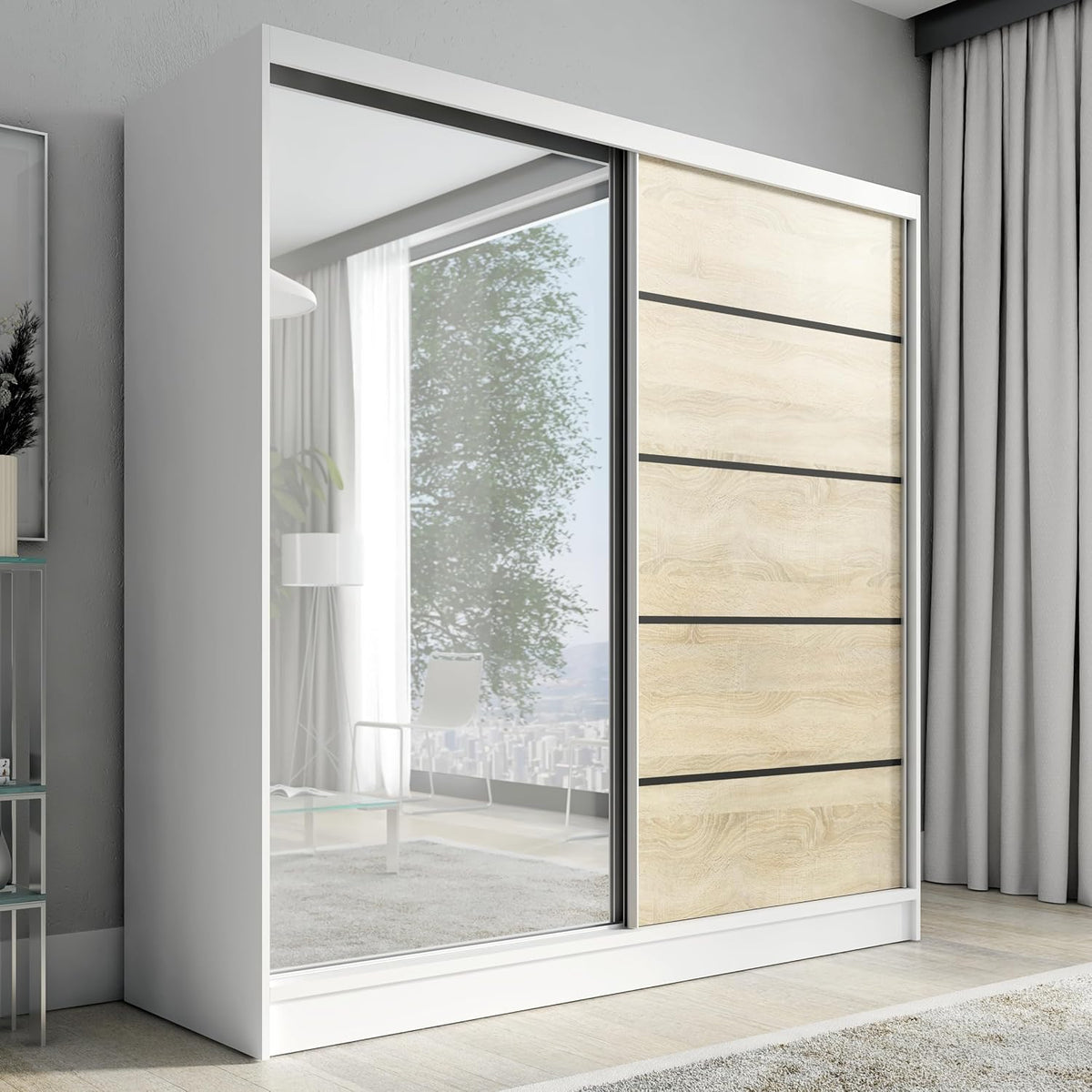 Kleiderschrank, A&J MöbelLand, 200 cm, Weiss, Schwebetürenschrank Nero 2-türig mit Schubladen und Spiegel, Garderobe ( / Sonoma)