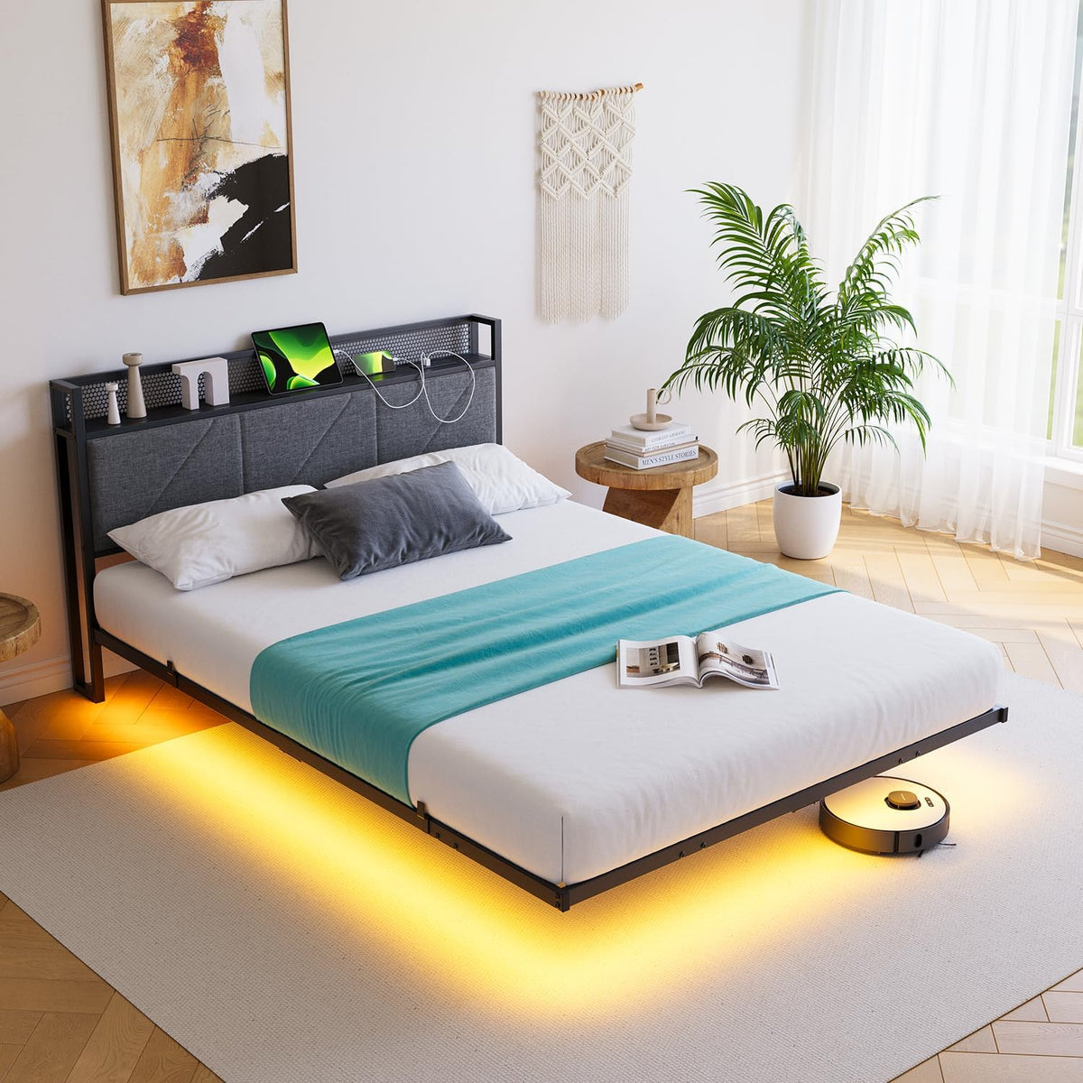 HAHRIR, Bettrahmen, Dunkelgrau, Bettgestell 120x200 Metall Schwebebett LED Stauraum