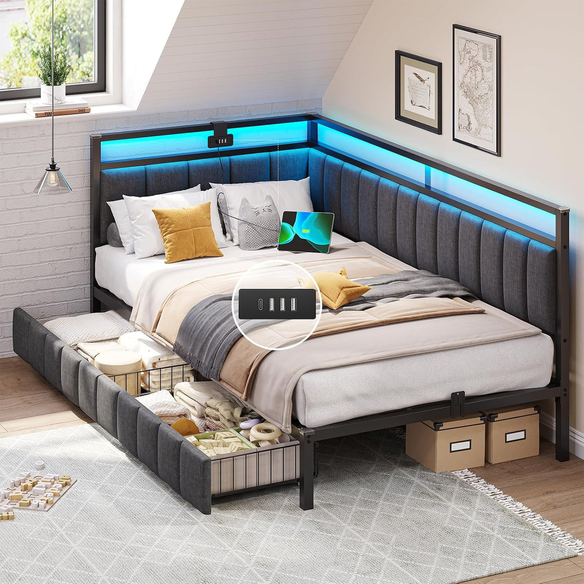 DICTAC, Bettrahmen, Dunkelgrau, Polsterbett Schlafsofa 90x200 mit LED-Beleuchtung und, Jugendbett Tagesbett 90x200 mit Lattenrost aus Metall und 2