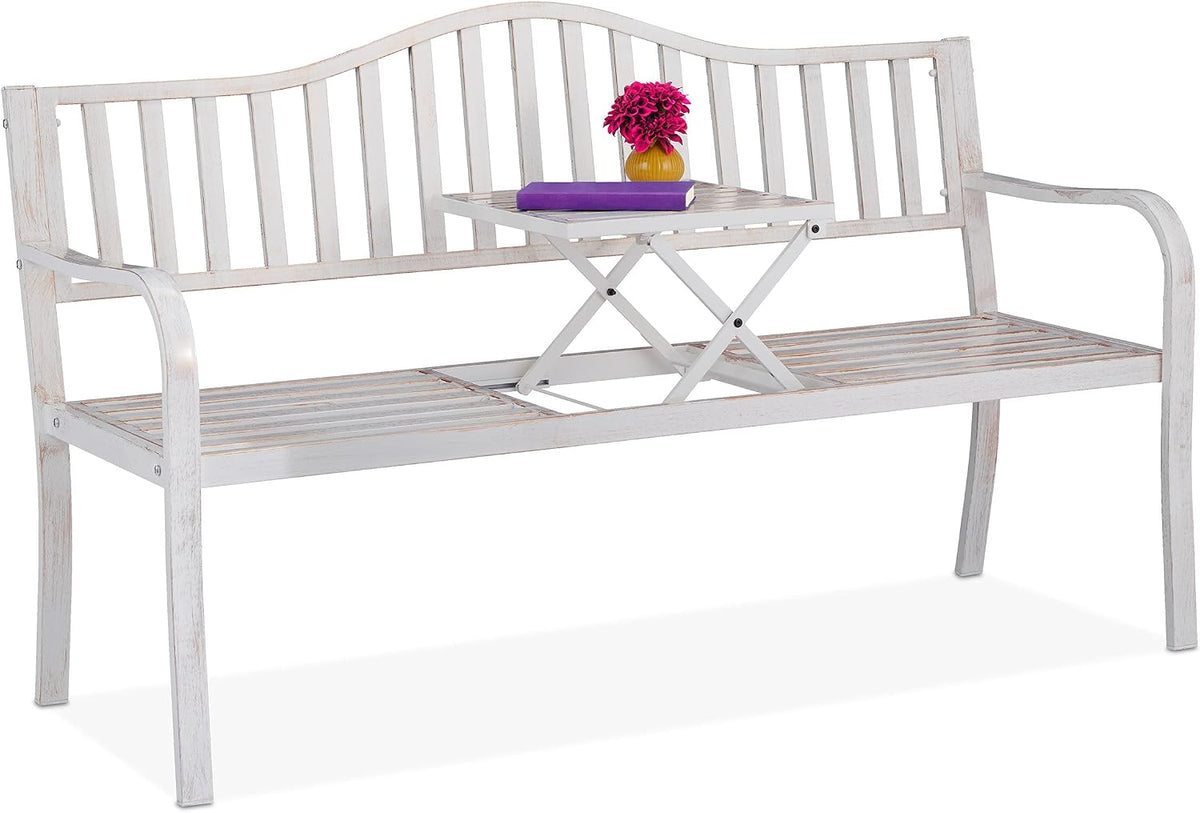 Relaxdays, Sitzbank, Weiss, Gartenbank mit klappbarem Tisch, 3-Sitzer, Garten, -Bronze