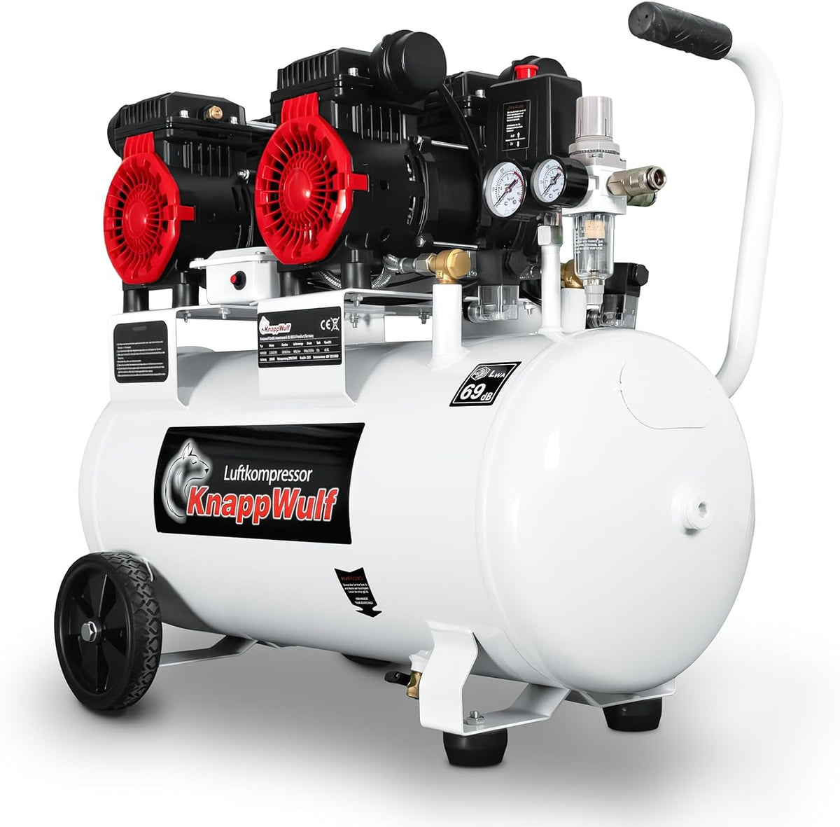 KnappWulf, Kompressor, 2200 W, 10bar, 440 L, 230 V, Grau/Weiss, 50 L Kessel, 69dB, / min, Ölfrei Flüster Druckluft KW4050 inkl. Druckminderer
