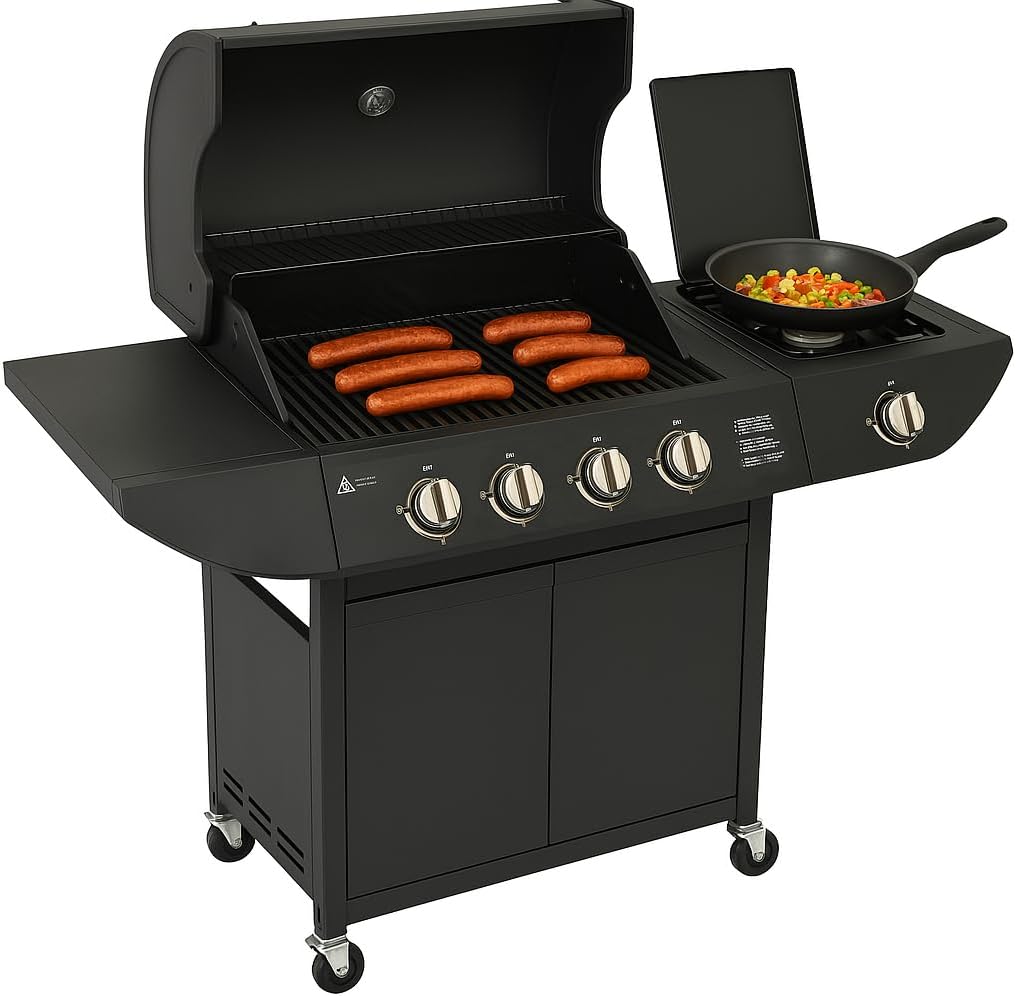 Touch of Venetian, Gasgrill, Schwarz/Grau, Lagerfeuer Original Barbecue BBQ 5 Gasbrenner 4+1, Stahl Warmhalterost
