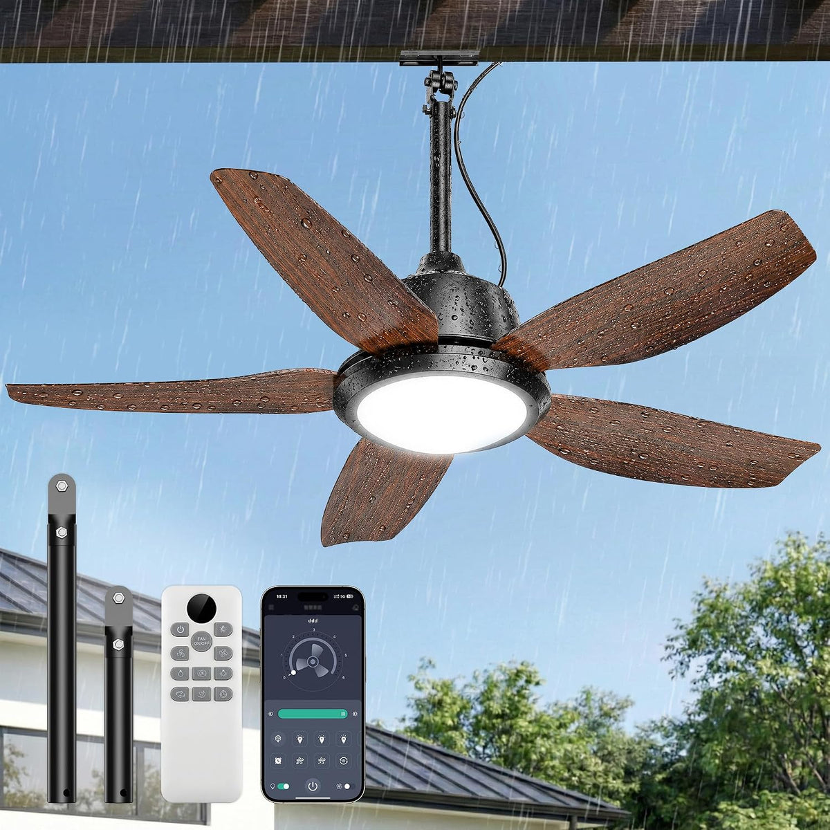 ROTTOGOON, Deckenventilator, 106 cm, Grau, Outdoor mit Beleuchtung, IP65, 5 Flüge