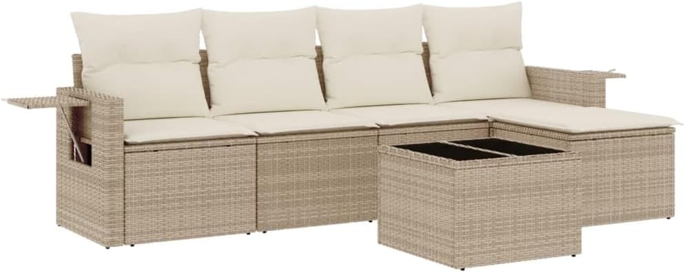 Sofa, PUGYNBK, PE-Rattan, pulverbeschichteter Stahl., Beige, Garten- -Set, 6-teilig, synthetisches Rattan