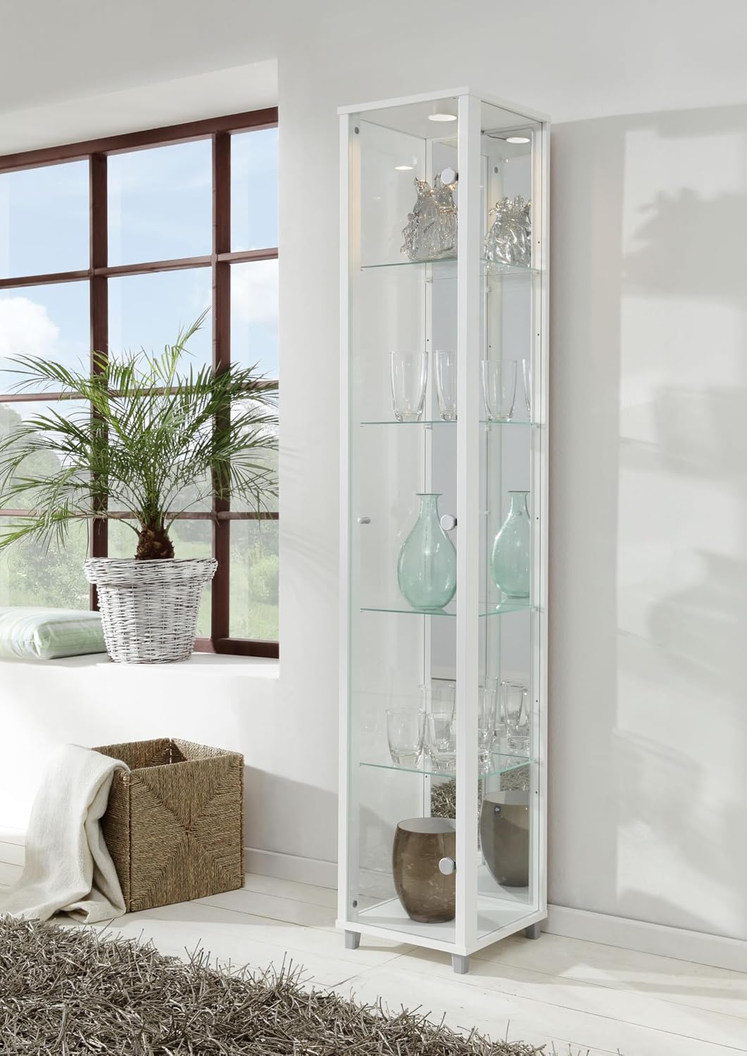 K-Möbel, Vitrine, 172x32x33 cm, Weiss, VR-Wohnwelten Glas in mit 4 Glasböden, Spiegel und LED - Modellauto - nschrank - Sammler