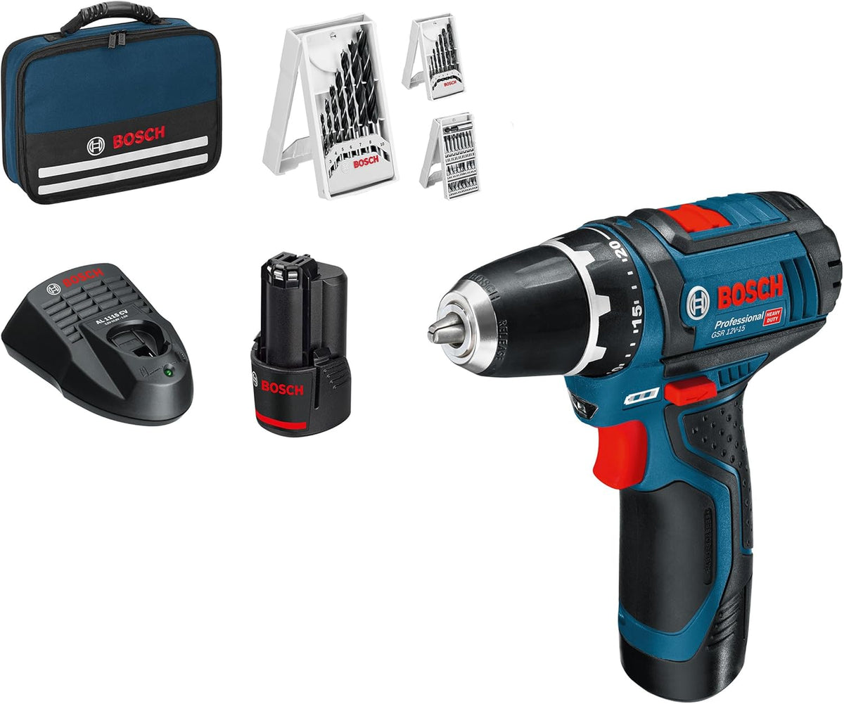 Bosch Professional, Akkuschrauber, 12 V, Grau/Blau, PRO System Akku Bohrschrauber GSR -15 (inkl. 2x2.0 Akku, Ladegerät