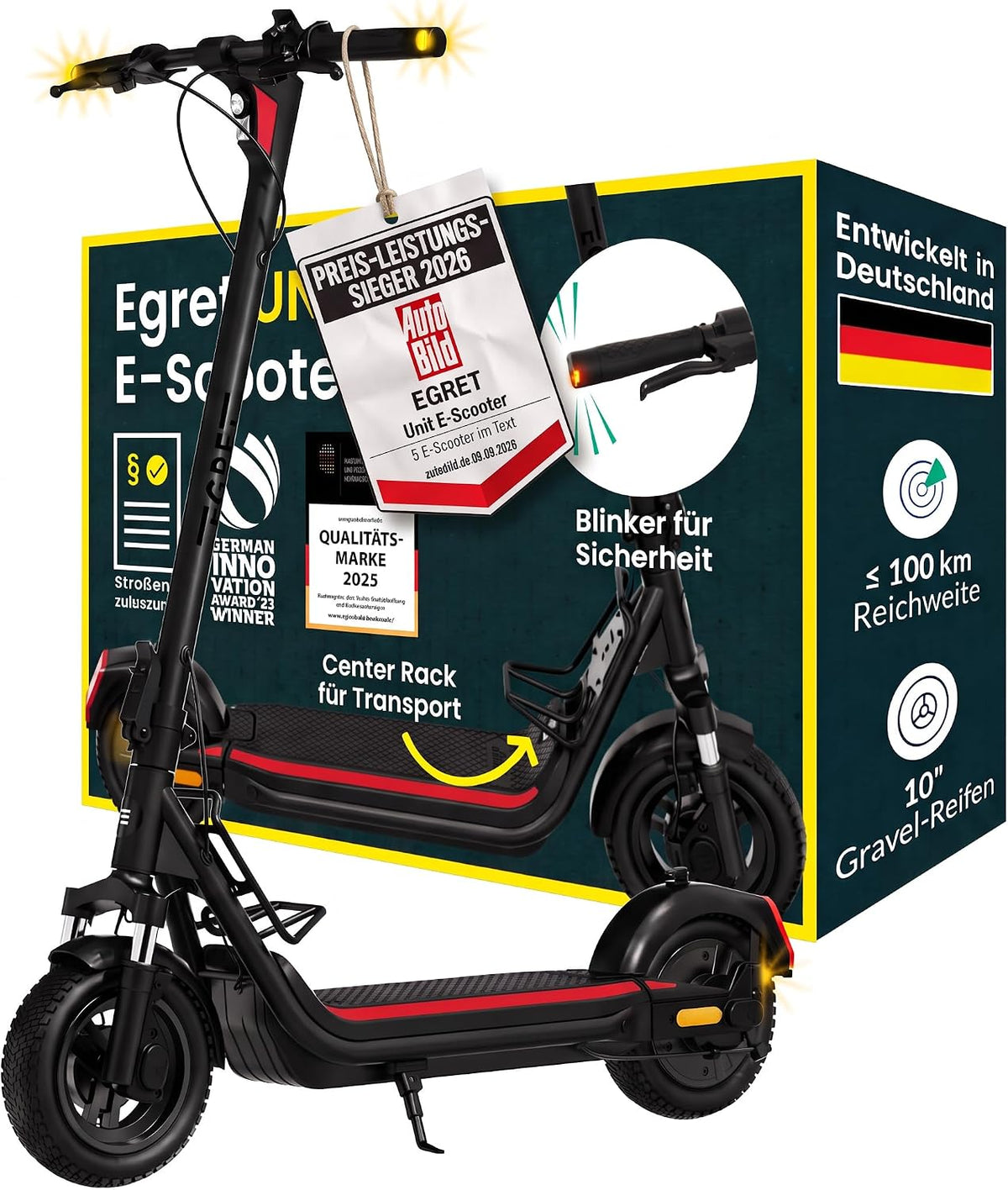 EGRET, E-Scooter, Schwarz, Neuerscheinung 2026: Unit mit Strassenzulassung, 20 km / h, 100 km, Doppelfederung