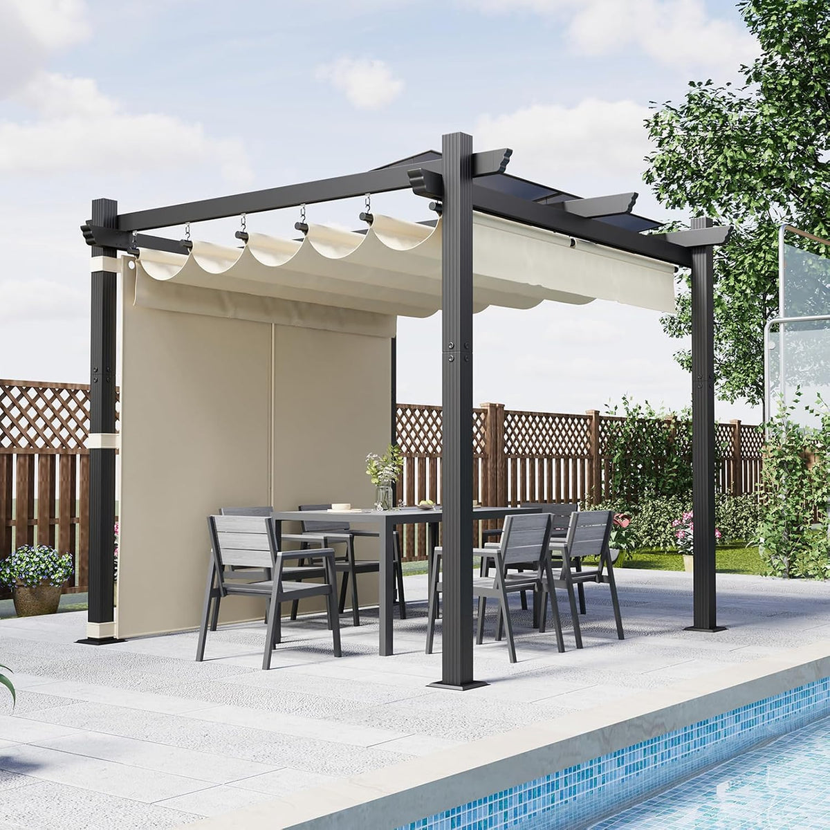 Devoko, Pavillon, Beige, Aluminium Pergola mit Schiebedach, Verstellbarer Schattenfläche, UV-Schutz 50+, 3x3 wasserdicht stabil Winterfest