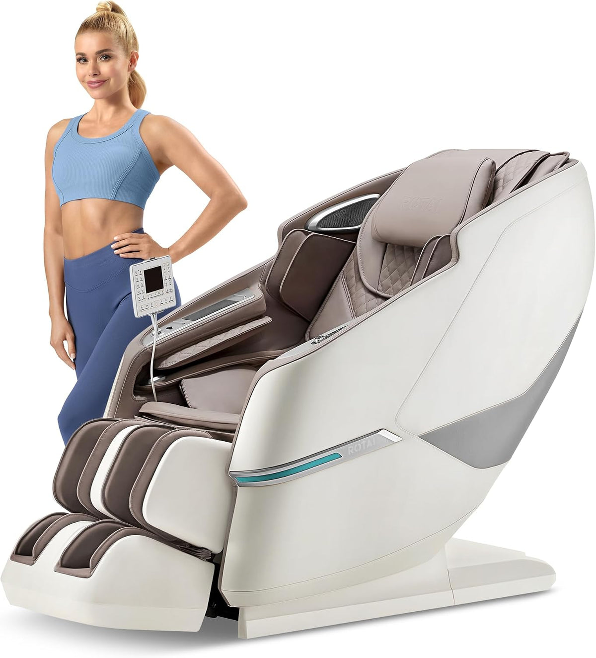 ROTAI, Audiogerät, Grau/Weiss, Massagesessel 4D mit Doppelmotor, SL-Schiene & Zero-Gravity, Rückenheizung, Bluetooth-Lautsprecher