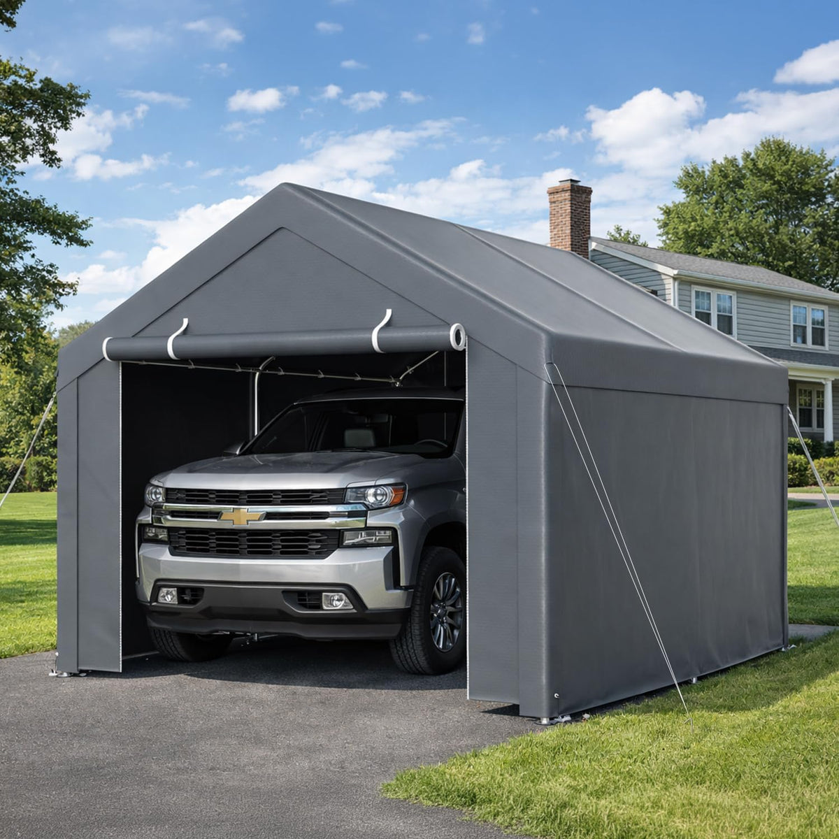Gerätehaus, Jaxguom, Grau, Zeltgarage Carport 3x4 m Garagenzelt mit wetterfester PE, Winterfest, Wasserdicht mit 2 Seitenwänden und 10 Heringen