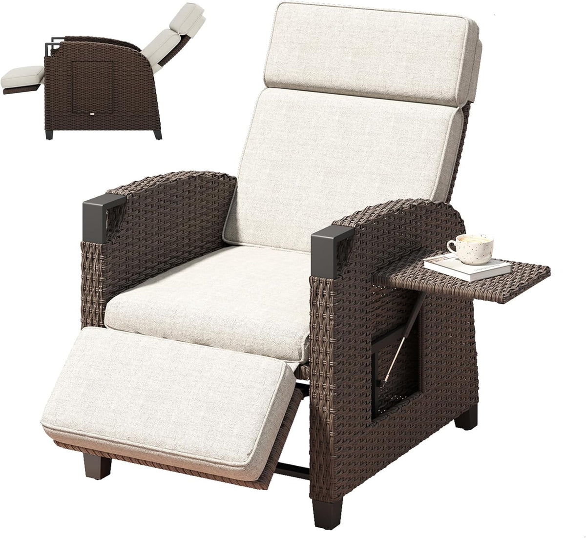 Amopatio, Liegen, Beige/Dunkelbraun, Relaxliege Liegesessel, Rattan Sonnenliege mit Verstellbar Rückenlehne und