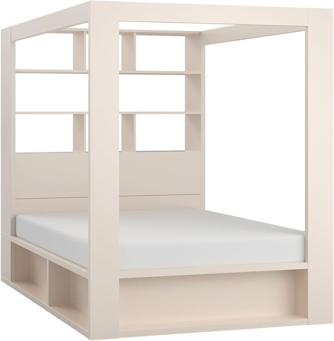 QMM, Bett, Weiss, Himmel Calgary 160x200 sandbeige Doppel Ehe mit Regalen, aufklappbarem Lattenrost und kasten